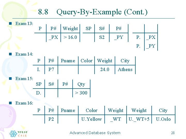 8. 8 Query-By-Example (Cont. ) n Exam 13: P P# Weight _PX > 16.