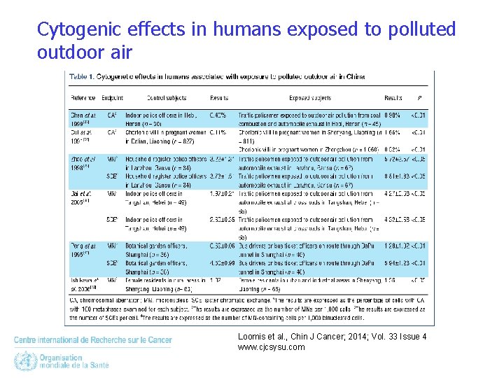 Cytogenic effects in humans exposed to polluted outdoor air Loomis et al. , Chin