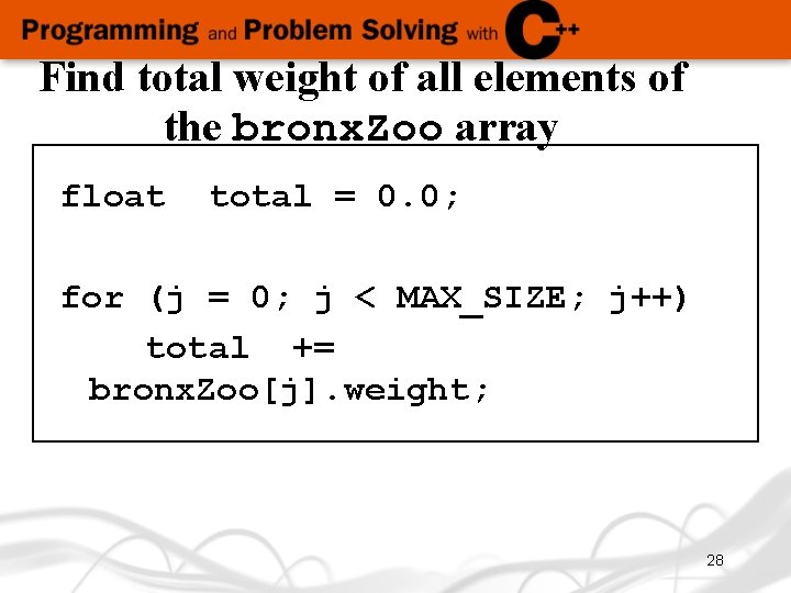 Find total weight of all elements of the bronx. Zoo array float total =