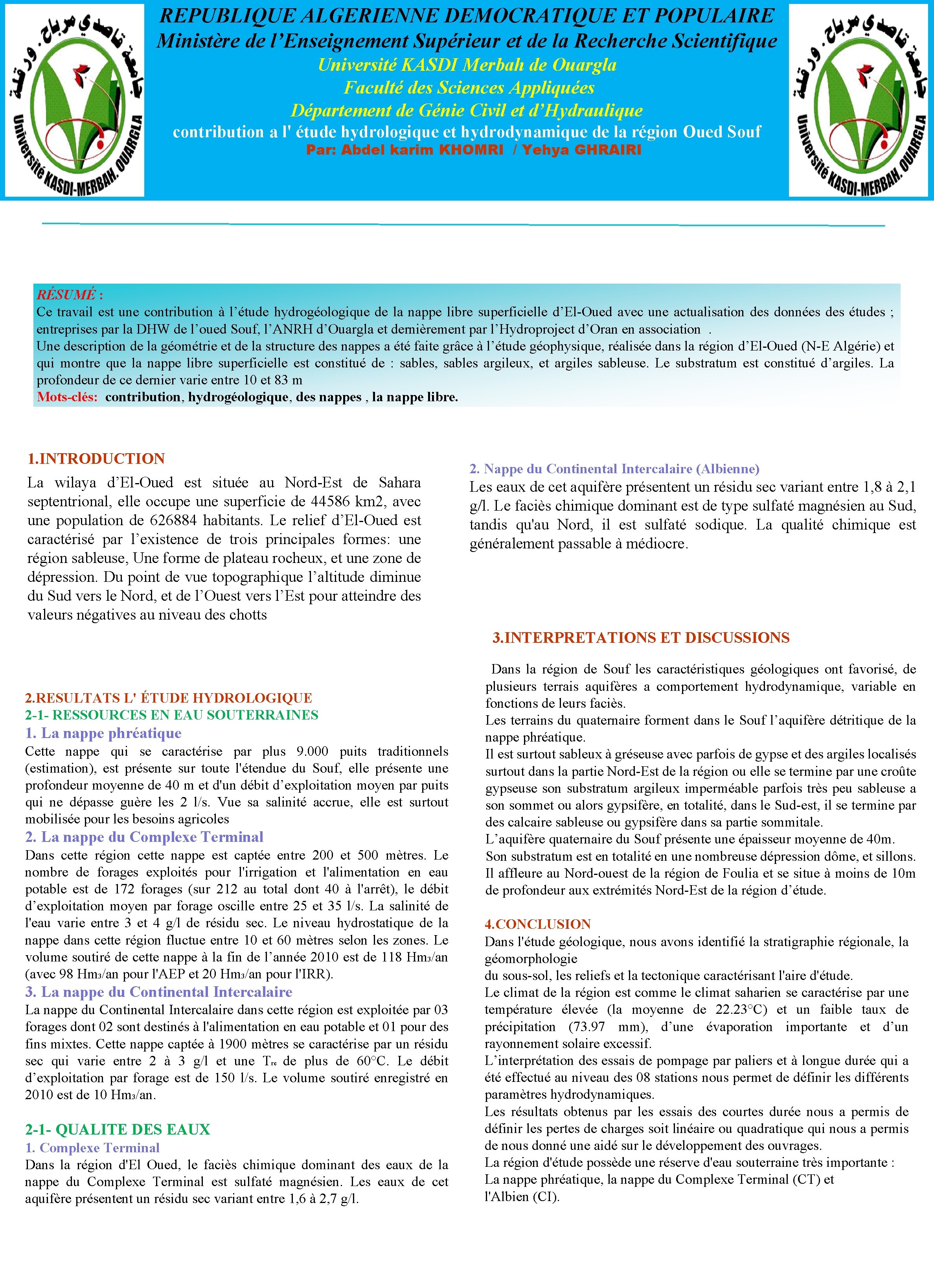 REPUBLIQUE ALGERIENNE DEMOCRATIQUE ET POPULAIRE Ministère de l’Enseignement Supérieur et de la Recherche Scientifique