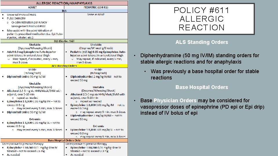 POLICY #611 ALLERGIC REACTION ALS Standing Orders • Diphenhydramine (50 mg IV/IM) standing orders