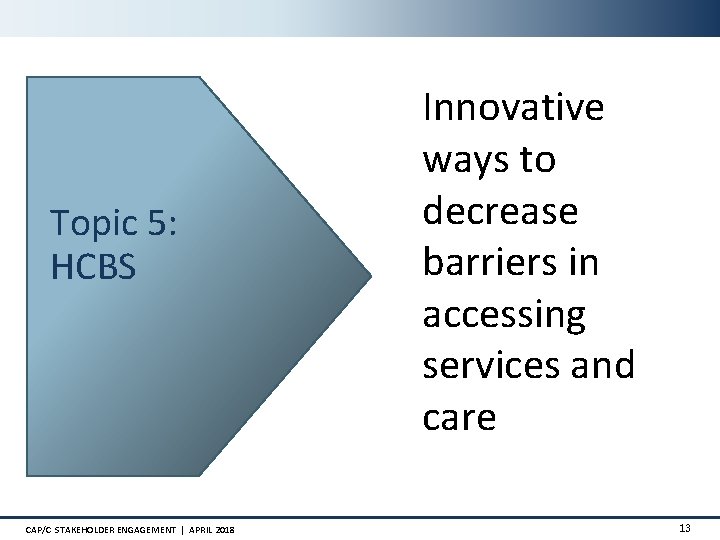 Topic 5: HCBS CAP/C STAKEHOLDER ENGAGEMENT | APRIL 2018 Innovative ways to decrease barriers