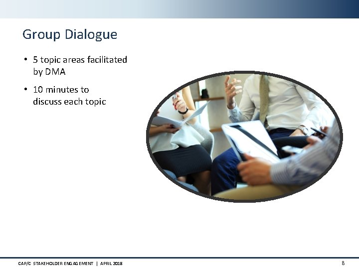 Group Dialogue • 5 topic areas facilitated by DMA • 10 minutes to discuss