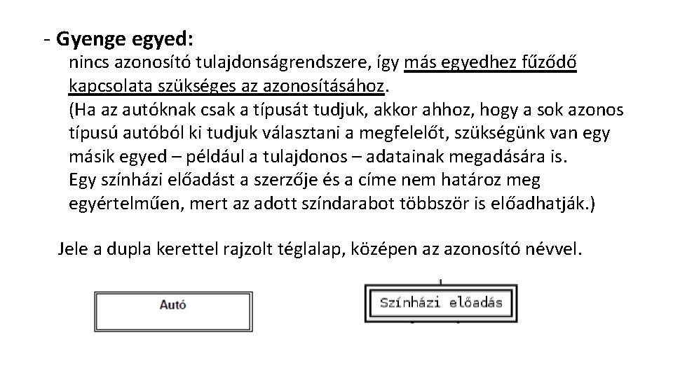 - Gyenge egyed: nincs azonosító tulajdonságrendszere, így más egyedhez fűződő kapcsolata szükséges az azonosításához.