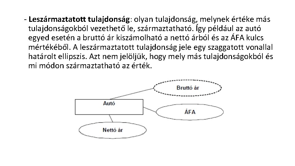 - Leszármaztatott tulajdonság: olyan tulajdonság, melynek értéke más tulajdonságokból vezethető le, származtatható. Így például