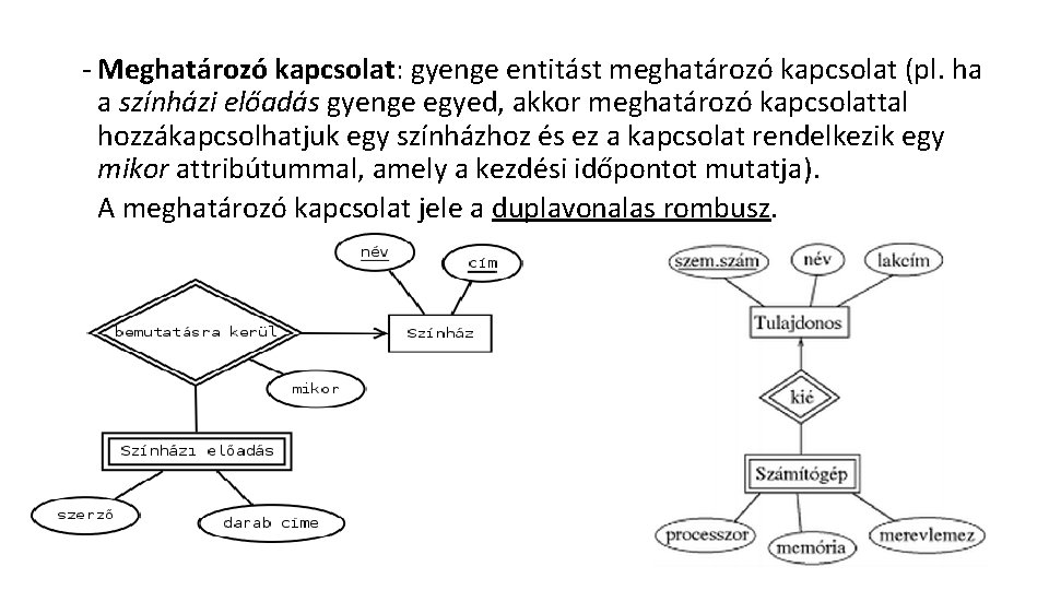 - Meghatározó kapcsolat: gyenge entitást meghatározó kapcsolat (pl. ha a színházi előadás gyenge egyed,