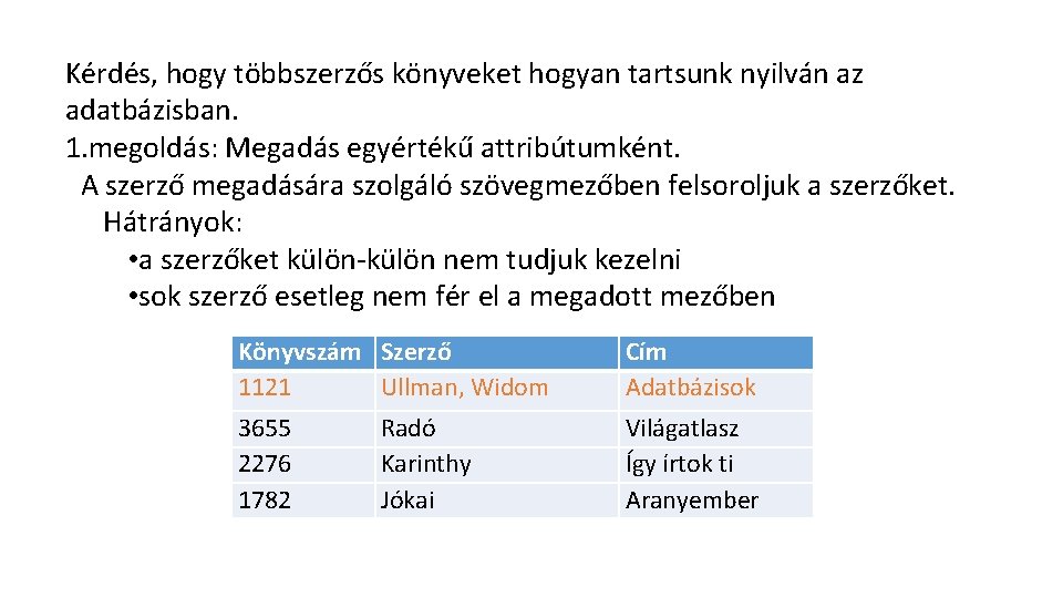 Kérdés, hogy többszerzős könyveket hogyan tartsunk nyilván az adatbázisban. 1. megoldás: Megadás egyértékű attribútumként.