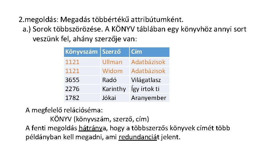 2. megoldás: Megadás többértékű attribútumként. a. ) Sorok többszörözése. A KÖNYV táblában egy könyvhöz