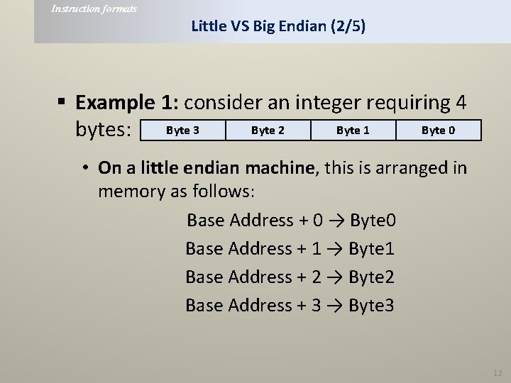 Instruction formats Little VS Big Endian (2/5) § Example 1: consider an integer requiring