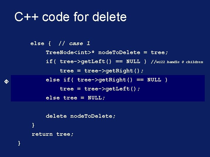 C++ code for delete else { // case 1 Tree. Node<int>* node. To. Delete