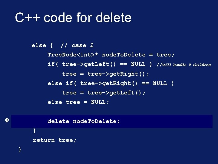 C++ code for delete else { // case 1 Tree. Node<int>* node. To. Delete