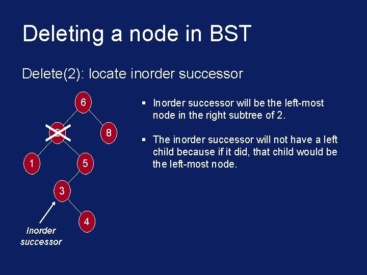 Deleting a node in BST Delete(2): locate inorder successor 6 2 1 8 5