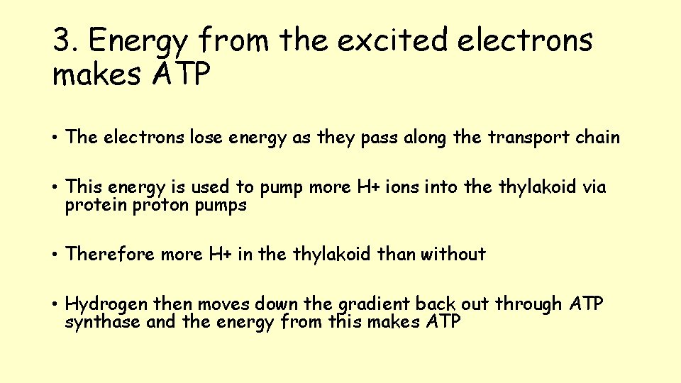 3. Energy from the excited electrons makes ATP • The electrons lose energy as