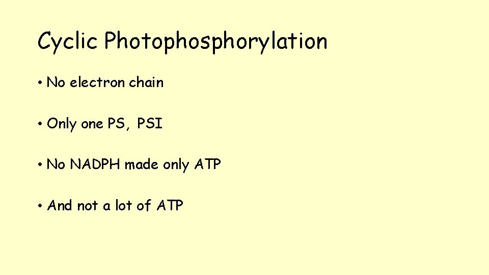 Cyclic Photophosphorylation • No electron chain • Only one PS, PSI • No NADPH