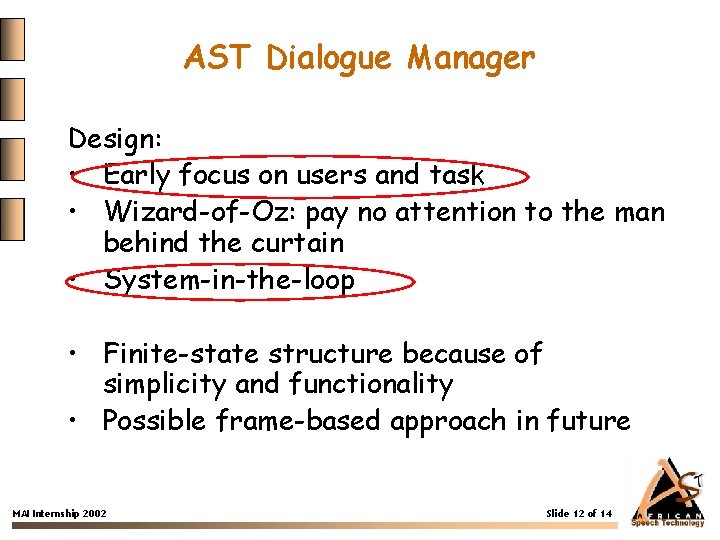 AST Dialogue Manager Design: • Early focus on users and task • Wizard-of-Oz: pay