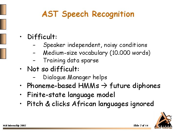 AST Speech Recognition • Difficult: – – – Speaker independent, noisy conditions Medium-size vocabulary