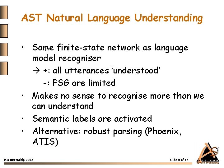 AST Natural Language Understanding • Same finite-state network as language model recogniser +: all