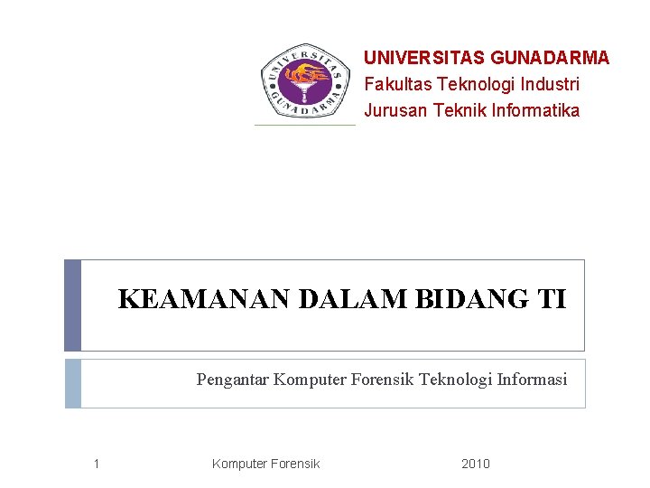 UNIVERSITAS GUNADARMA Fakultas Teknologi Industri Jurusan Teknik Informatika KEAMANAN DALAM BIDANG TI Pengantar Komputer