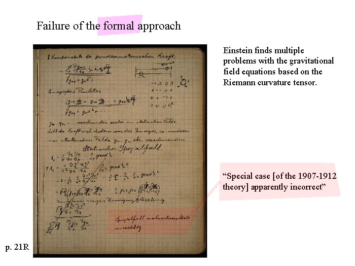 Failure of the formal approach Einstein finds multiple problems with the gravitational field equations