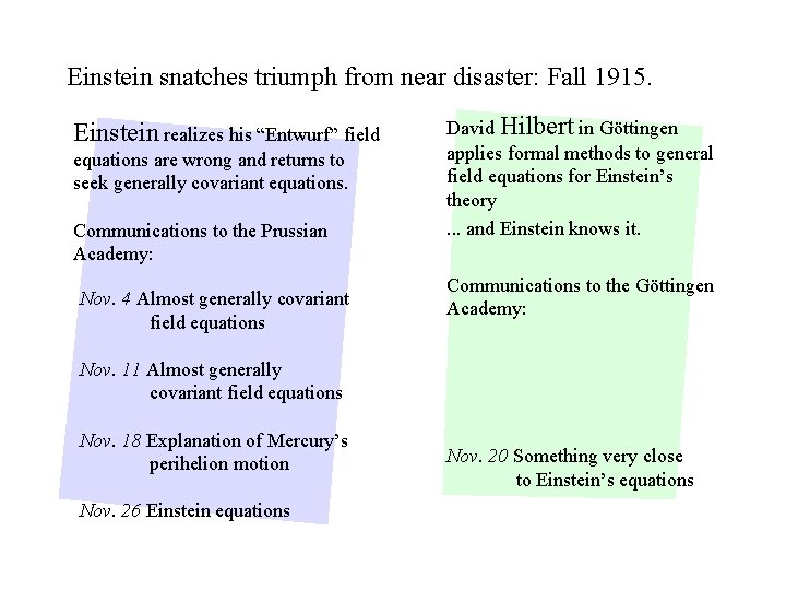 Einstein snatches triumph from near disaster: Fall 1915. Einstein realizes his “Entwurf” field equations
