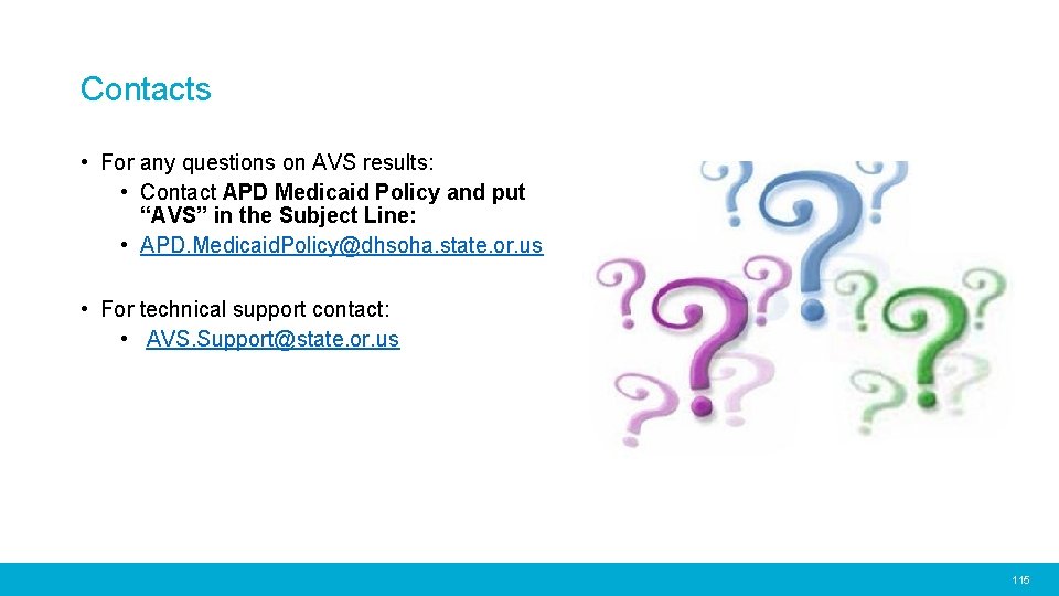 Contacts • For any questions on AVS results: • Contact APD Medicaid Policy and