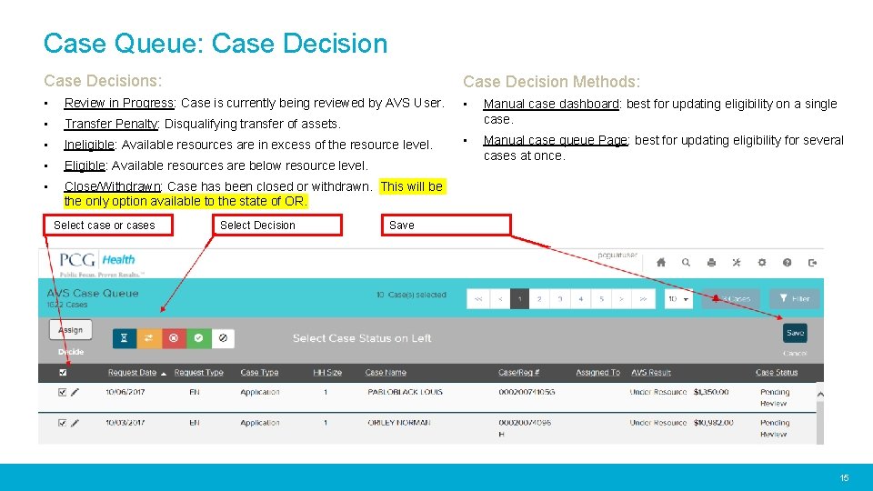 Case Queue: Case Decisions: Case Decision Methods: • Review in Progress: Case is currently
