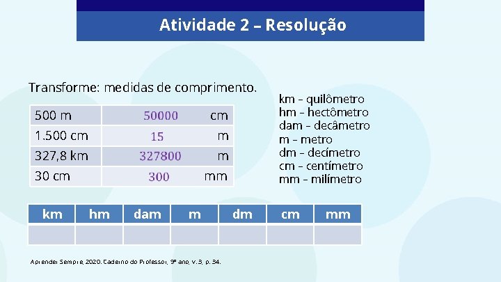 Atividade 2 – Resolução Transforme: medidas de comprimento. 500 m cm 1. 500 cm