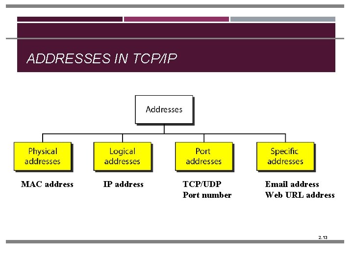 ADDRESSES IN TCP/IP MAC address IP address TCP/UDP Port number Email address Web URL