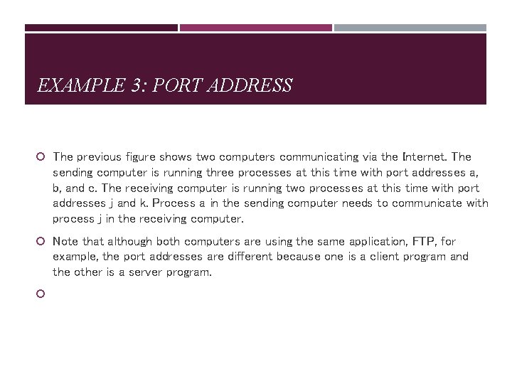 EXAMPLE 3: PORT ADDRESS The previous figure shows two computers communicating via the Internet.