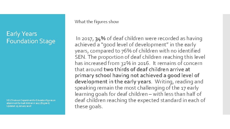 What the figures show Early Years Foundation Stage NDCS note on Department for Education