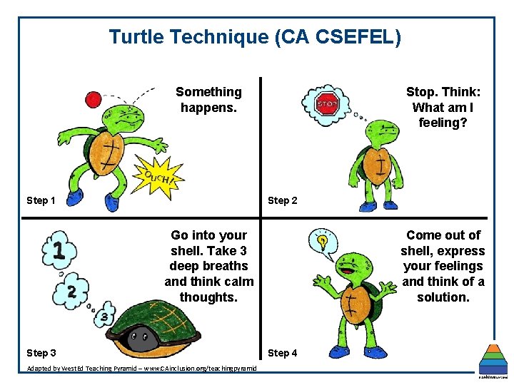 Turtle Technique (CA CSEFEL) Something happens. Step 1 Stop. Think: What am I feeling? Turtle Technique (CA CSEFEL) Something happens. Step 1 Stop. Think: What am I feeling?