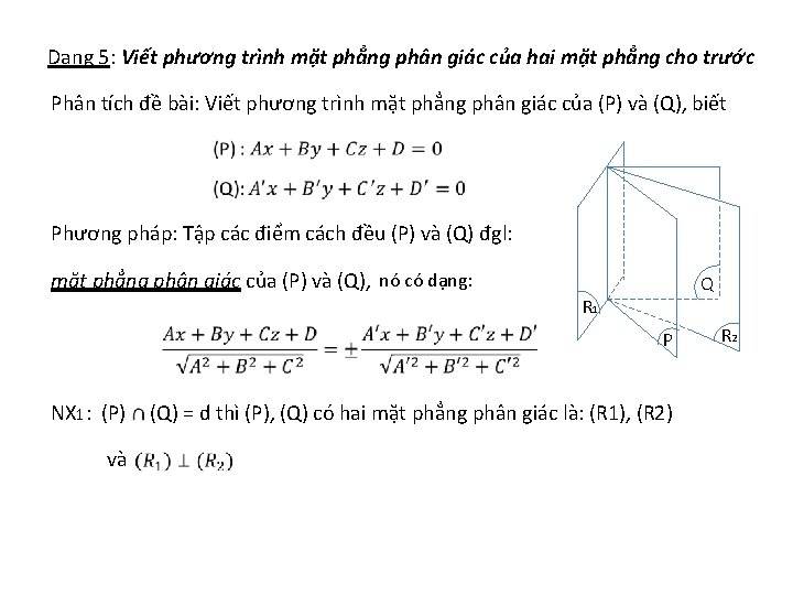 Dạng 5: Viết phương trình mặt phẳng phân giác của hai mặt phẳng cho