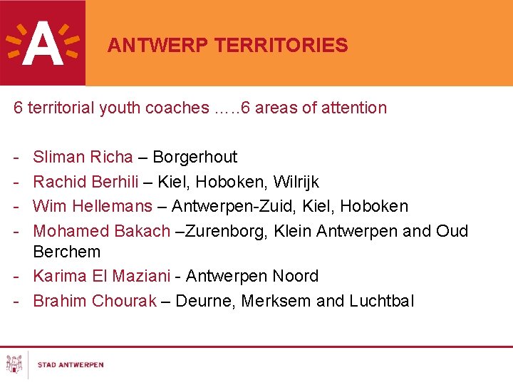 ANTWERP TERRITORIES 6 territorial youth coaches …. . 6 areas of attention - Sliman