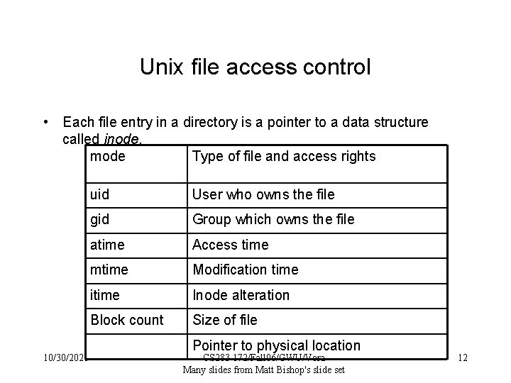 Unix file access control • Each file entry in a directory is a pointer