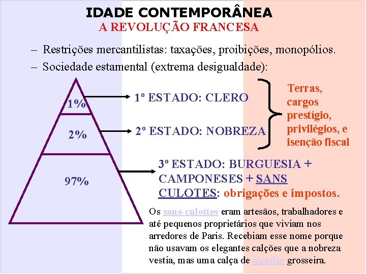 IDADE CONTEMPOR NEA A REVOLUÇÃO FRANCESA – Restrições mercantilistas: taxações, proibições, monopólios. – Sociedade
