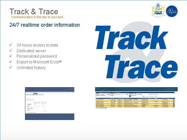 Track & Trace Communication is the key to success! 24/7 realtime order information ü