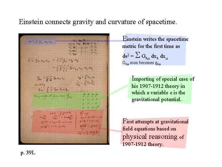 Einstein connects gravity and curvature of spacetime. Einstein writes the spacetime metric for the