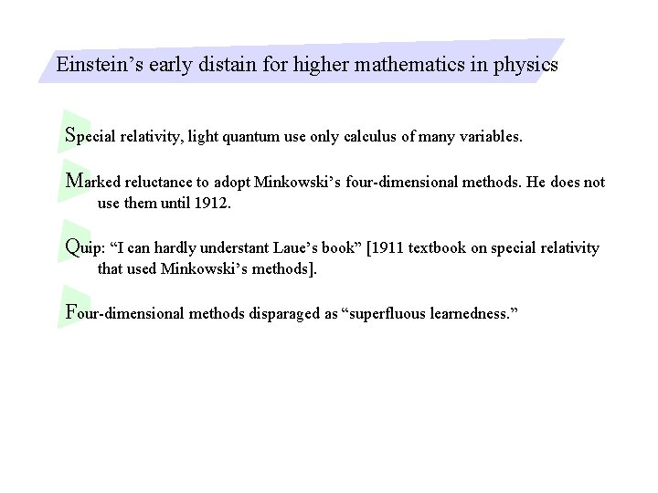 Einstein’s early distain for higher mathematics in physics Special relativity, light quantum use only