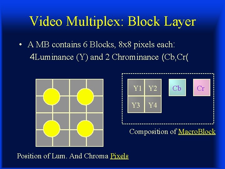 Video Multiplex: Block Layer • A MB contains 6 Blocks, 8 x 8 pixels