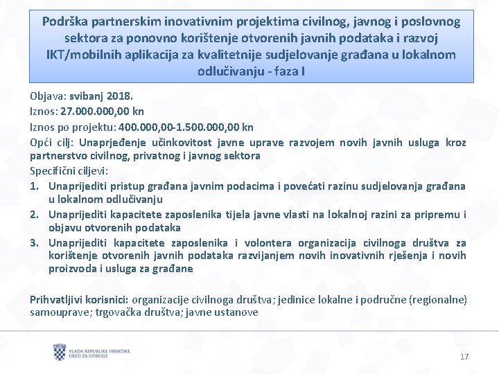 Podrška partnerskim inovativnim projektima civilnog, javnog i poslovnog sektora za ponovno korištenje otvorenih javnih