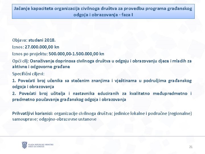 Jačanje kapaciteta organizacija civilnoga društva za provedbu programa građanskog odgoja i obrazovanja - faza