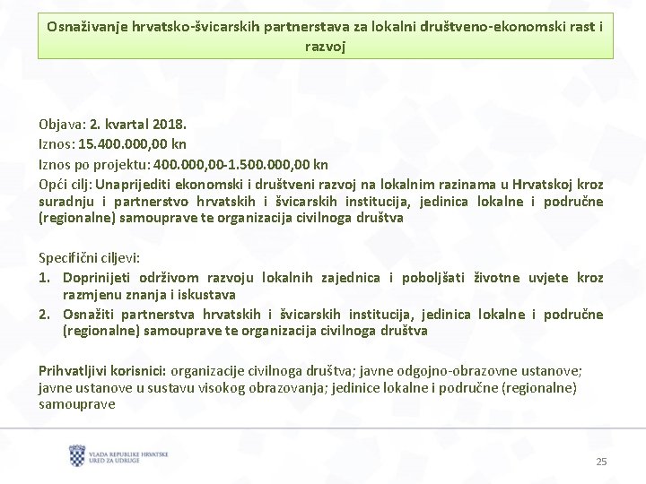 Osnaživanje hrvatsko-švicarskih partnerstava za lokalni društveno-ekonomski rast i razvoj Objava: 2. kvartal 2018. Iznos: