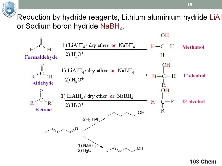 15 Reduction by hydride reagents, Lithium aluminium hydride Li. Al. H or Sodium boron