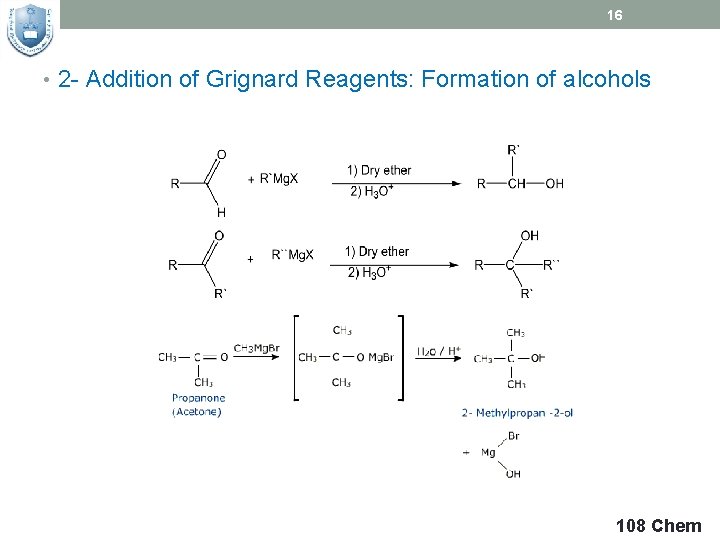 16 • 2 - Addition of Grignard Reagents: Formation of alcohols 108 Chem 