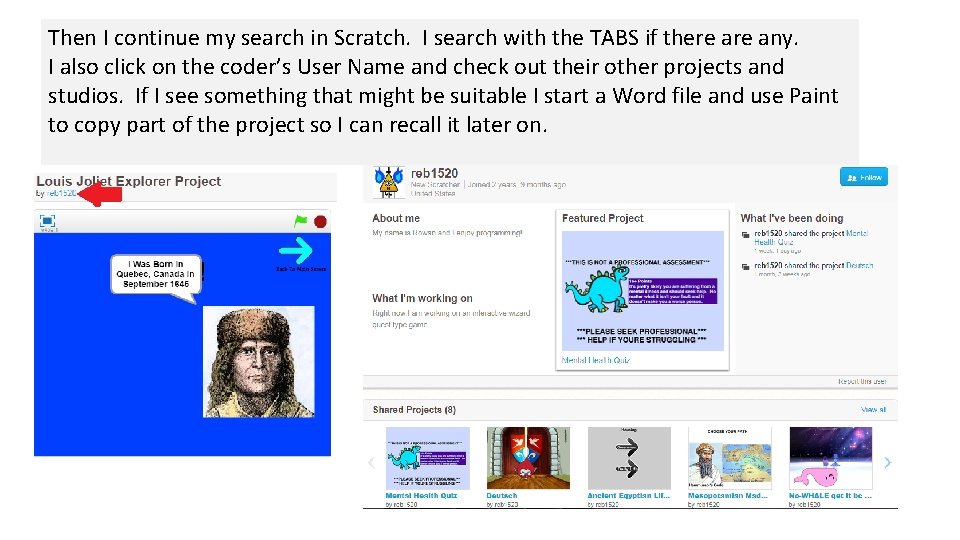 Then I continue my search in Scratch. I search with the TABS if there