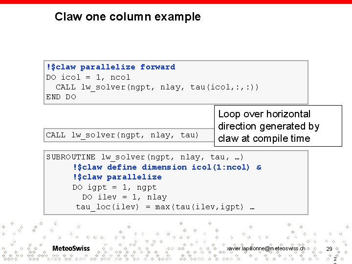 Claw one column example !$claw parallelize forward DO icol = 1, ncol CALL lw_solver(ngpt,