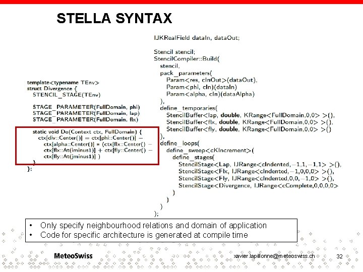 STELLA SYNTAX • • Only specify neighbourhood relations and domain of application Code for