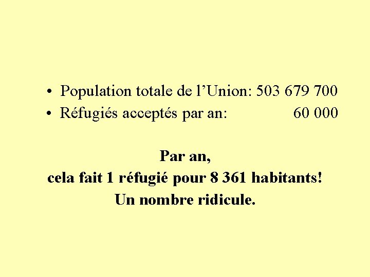  • Population totale de l’Union: 503 679 700 • Réfugiés acceptés par an: