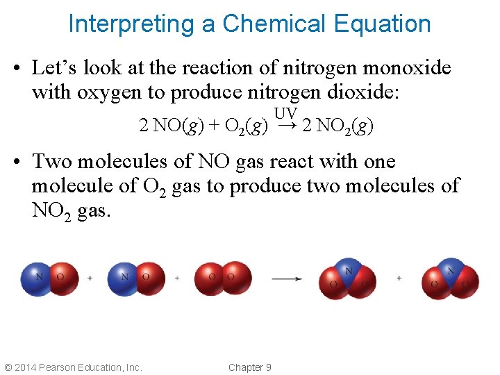 Interpreting a Chemical Equation • Let’s look at the reaction of nitrogen monoxide with