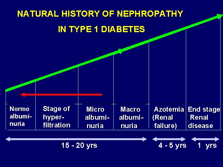 NATURAL HISTORY OF NEPHROPATHY IN TYPE 1 DIABETES Normo albuminuria Stage of hyperfiltration Micro